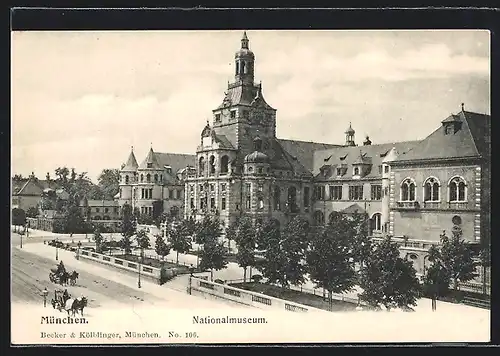 AK München, Kutsche auf der Strasse vor dem Nationalmuseum