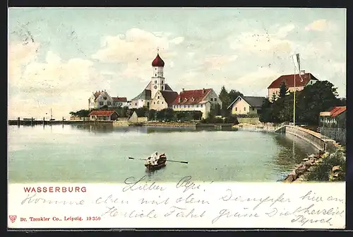 AK Wasserburg, Uferpartie mit Blick zur Kirche