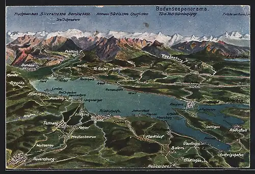 AK Ludwigshafen, Landkarte des Bodensee mit angrenzenden Ortschaften, Blick auf die drei Schwestern