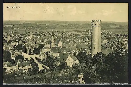 AK Ravensburg, Gesamtansicht mit Wehrturm im Vordergrund