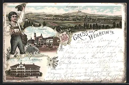 Lithographie Weilheim i. B., Kgl. Realschule, Hauptplatz, Panorama