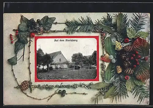 Passepartout-AK Moritzberg, Gebäude auf dem Moritzberg, umrahmt von einem Tannen-Stilleben