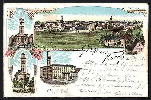 Lithographie Fürth, Rathaus, Auferstehungskirche, Katholische Kirche