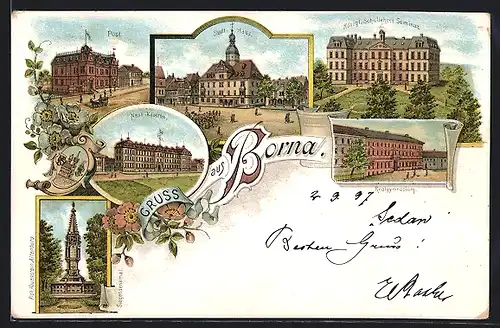 Lithographie Borna, Neue Kaserne, Königl Schullehrer Seminar, Post