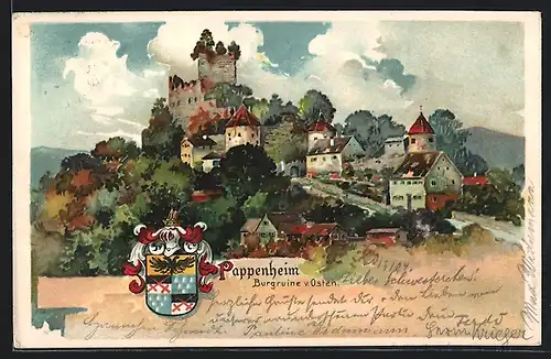 Künstler-AK Pappenheim, Burgruine von Osten, Wappen