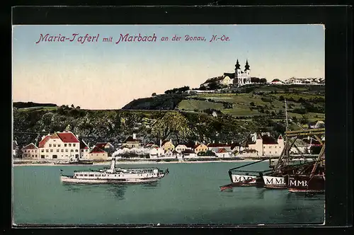 AK Marbach a. d. Donau, Teilansicht mit Blick auf die Wallfahrtskirche Maria Taferl