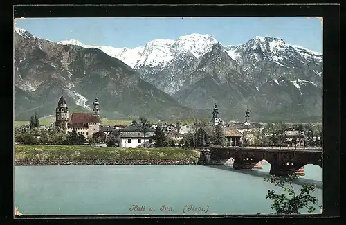 AK Hall a. Inn, Teilansicht mit Kirche und Flussbrücke