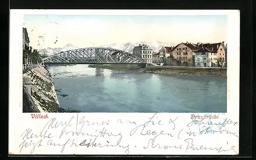 AK Villach / Drau, Ortspartie an der Draubrücke