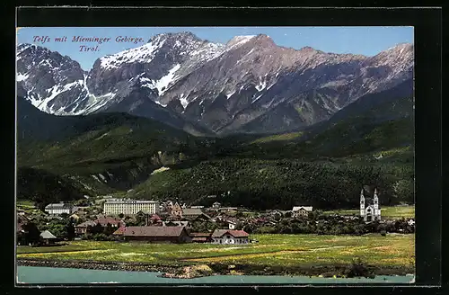 AK Telfs, Ortsansicht mit Mieminger Gebirge