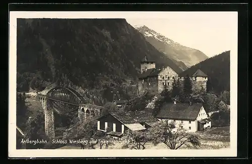 AK Tobadill, Schloss Wiesberg und Trisanabrücke a. d. Arlbergbahn