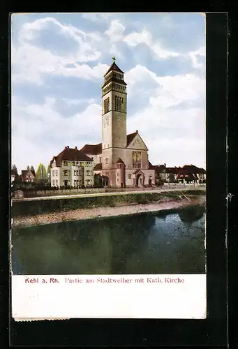 AK Kehl a. Rh., Stadtweiher mit kath. Kirche