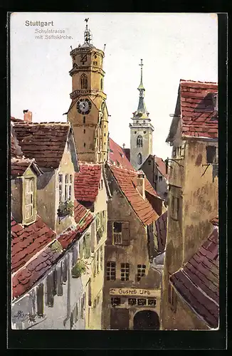 Künstler-AK J.Marschall: Stuttgart, Schulstrasse mit Stiftskirche
