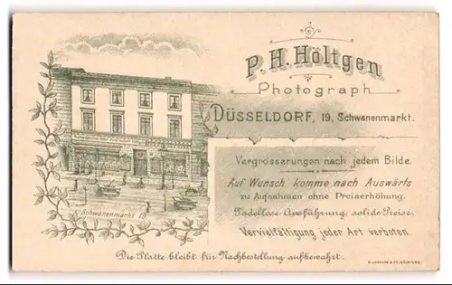 Fotografie P.H. Höltgen, Düsseldorf, Ansicht Düsseldorf, Photographisches Atelier P.H. Höltgen, Schwanenmarkt 19
