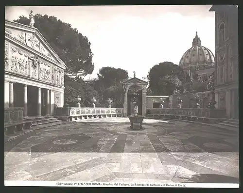 Fotografie Alinari, Ansicht Rom-Roma, Giardino del Vaticano, La Rotonda col Caffeaos e il Casino di Pio IV.