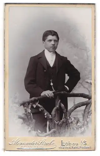 Fotografie Alexander Strube, Löbau i. S., Portrait dunkelhaariger Bube im Anzug am Holzzaun stehend