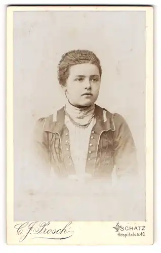 Fotografie C. J. Prosch, Oschatz, Portrait junge Dame im modischen Kleid mit Halskette