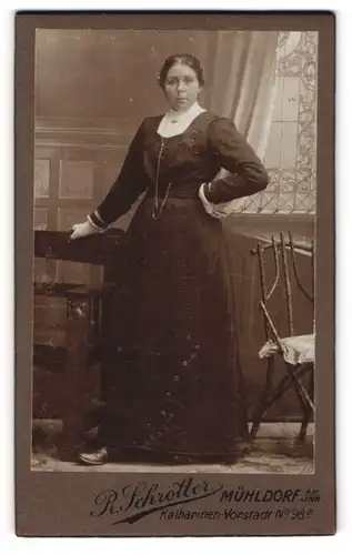 Fotografie R. Schrötter, Mühldorf am Inn, Portrait junge Dame im eleganten Kleid an Bank gelehnt