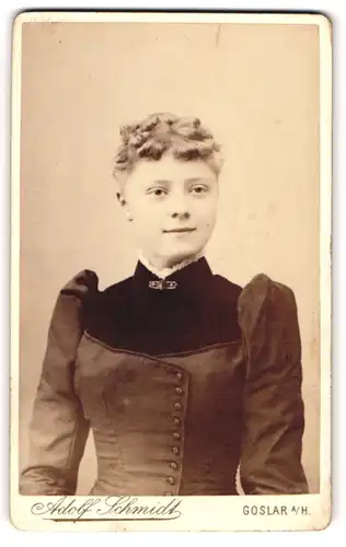 Fotografie Adolf Schmidt, Goslar a / H., Portrait junge Dame im eleganten Kleid mit Kragenbrosche