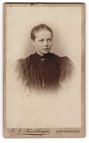 Fotografie J. N. Fürstberger, Pfarrkirchen, Portrait Dame mit zusammengebundenem Haar