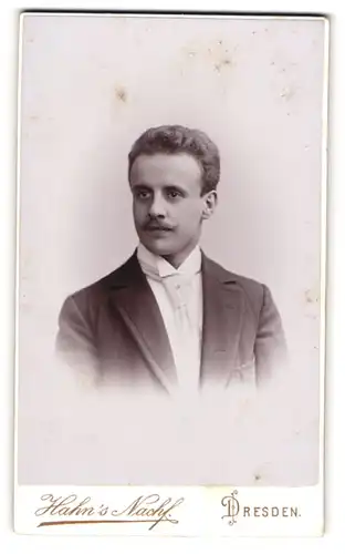 Fotografie Hahn`s Nachf., Dresden, Portrait junger Herr im Anzug mit Krawatte und Schnurrbart