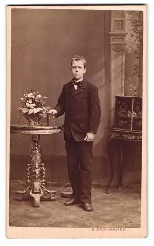 Fotografie R. Krziwanek, Wien, Portrait halbwüchsiger Knabe im eleganten Anzug mit Buch