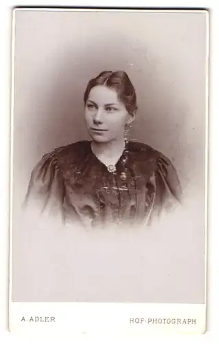 Fotografie A. Adler, Dresden, Portrait junge Dame im eleganten Kleid mit Spitzenkragen