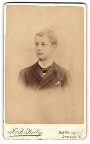 Fotografie J. F. Kolby, Zwickau, Knabe mit Anzug & Fliege im Portrait