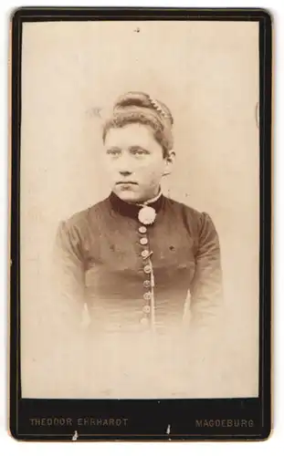 Fotografie Theodor Ehrhardt, Magdeburg, Portrait mit grosser Brosche am Kleid