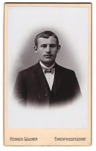 Fotografie Heinrich Wagner, Ehrenfriedersdorf, Portrait charmanter junger Mann in Fliege und Jackett
