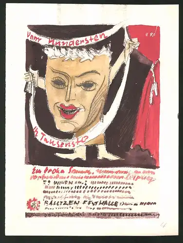 Ansichtskarten-Entwurf Erich Roehle, Glauchau i. Sa., vom Hundertsten ins Tausendste, Festhalle Bautzen, Figur mit Maske