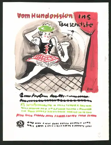 Ansichtskarten-Entwurf Erich Roehle, Glauchau i. Sa., vom Hundertsten ins Tausendste, Festhalle Bautzen, Mädchen spielt