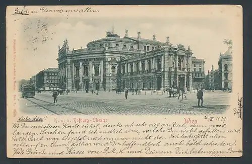 Relief-AK Wien, K. u. K. Burgtheater mit Passanten und Pferdekutsche