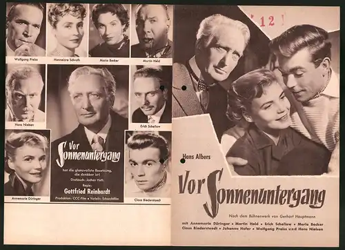 Filmprogramm Vor Sonnenuntergang, Wolfgang Preiss, Hans Albers, Maria Becker, Regie Gottfried Reinhardt