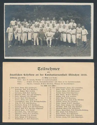 Foto-AK München, Teilnehmer am staatlichen Lehrkurs an der Landesturnanstalt 1919, Teilnehmerliste und Foto-AK