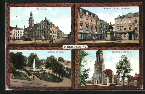Passepartout-AK Crimmitschau, Bismarckhain, Rathaus, König Albert-Denkmal