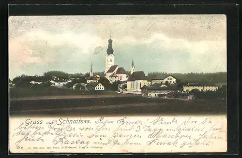AK Schnaitsee, Feldpartie mit Blick zur Kirche