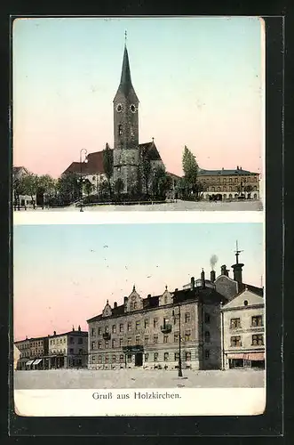 Goldfenster-AK Holzkirchen, Kirche und Brauhaus