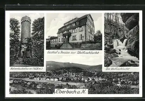 AK Eberbach a/N, Gasthof u. Pension zur Wolfsschlucht, Katzenbuckelturm