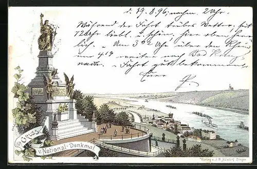 Lithographie Rüdesheim, Ansicht vom National-Denkmal