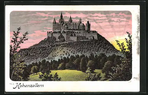 Lithographie Bisingen, Burg Hohenzollern bei Sonnenaufgang
