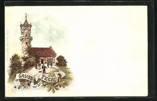 Lithographie Teck, Kirche und Mann mit Hund