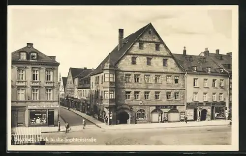 AK Bayreuth, Blick in die Sophienstrasse mit Geschäften