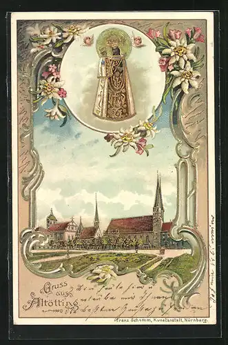 Lithographie Altötting, Wallfahrtskirche, Schwarze Madonna