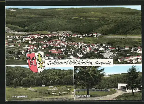 AK Weiskirchen /Hochwald, Gesamtansicht, Minigolfplatz, Schwimmbad und Wappen