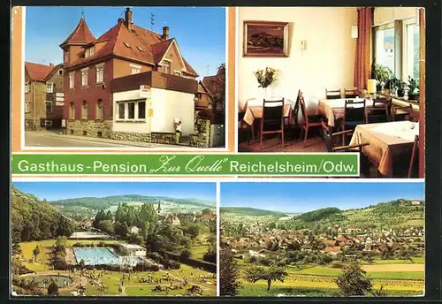 AK Reichelsheim /Odenwald, Gesamtansicht, Schwimmbad und Gasthaus-Pension Zur Quelle