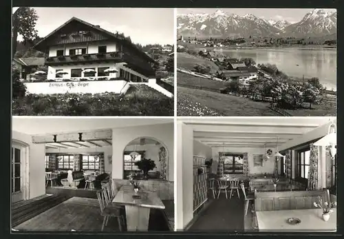 AK Hopfen am See, Ortsansicht und drei Ansichten von Weinstube-Pension Haus Geiger