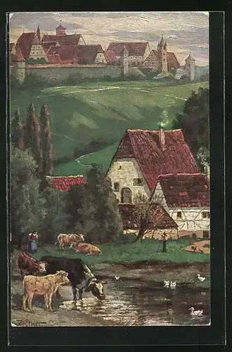 Künstler-AK Rothenburg o. T., Blick von der Herrenmühle im Dämmerungslicht