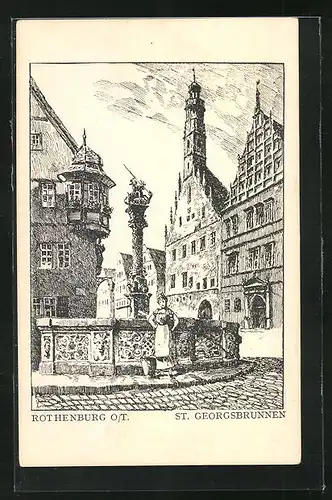 Künstler-AK Rothenburg o. T., St. Georgsbrunnen mit Passantin
