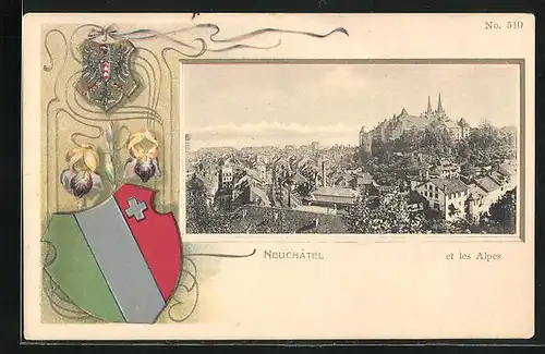 Passepartout-Lithographie Neuchatel, Totalansicht vom Ort mit Wappen