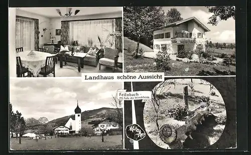 AK Feilnbach /Obb., Landhaus schöne Aussicht, Ortsansicht, Holztränke im Blumenschmuck